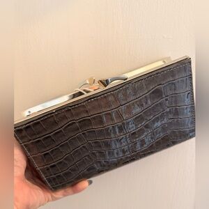 Classic Black Croc-Embossed Leather Clutch with Silver Frame